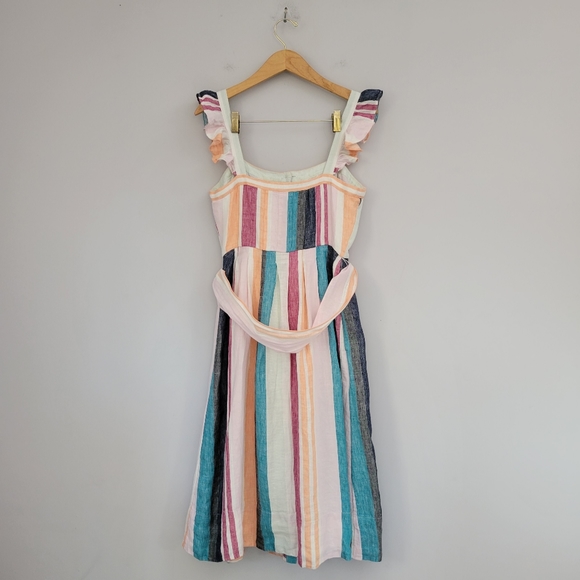 J Crew Button Up Midi Belted Linen Dress Mixed Stripe AK255 - Picture 2 of 12